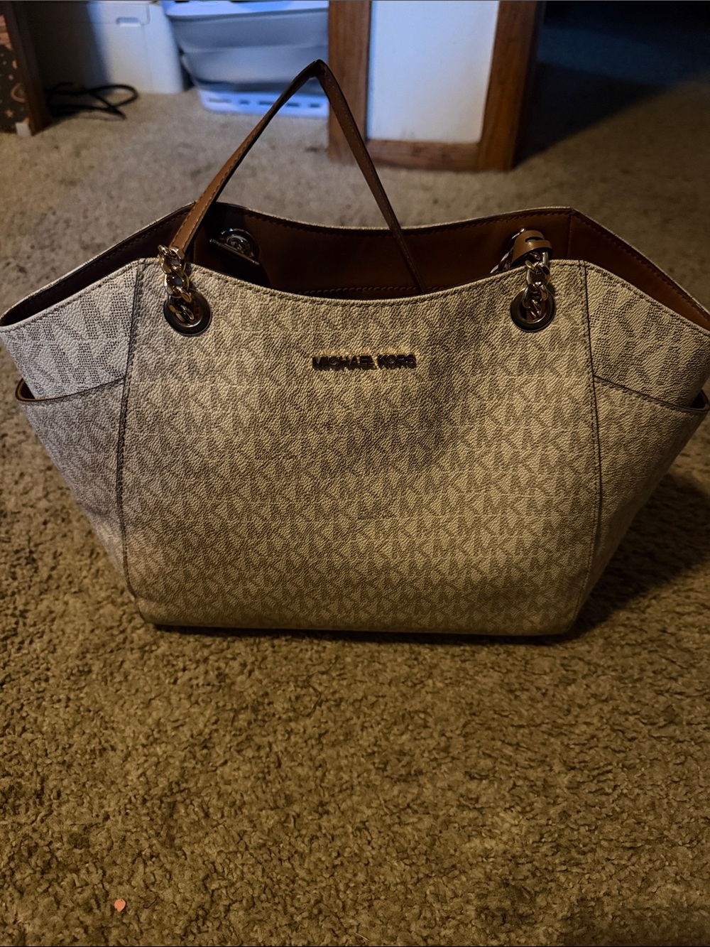 Michael Kors Beige Logo Tote with Brown Trim